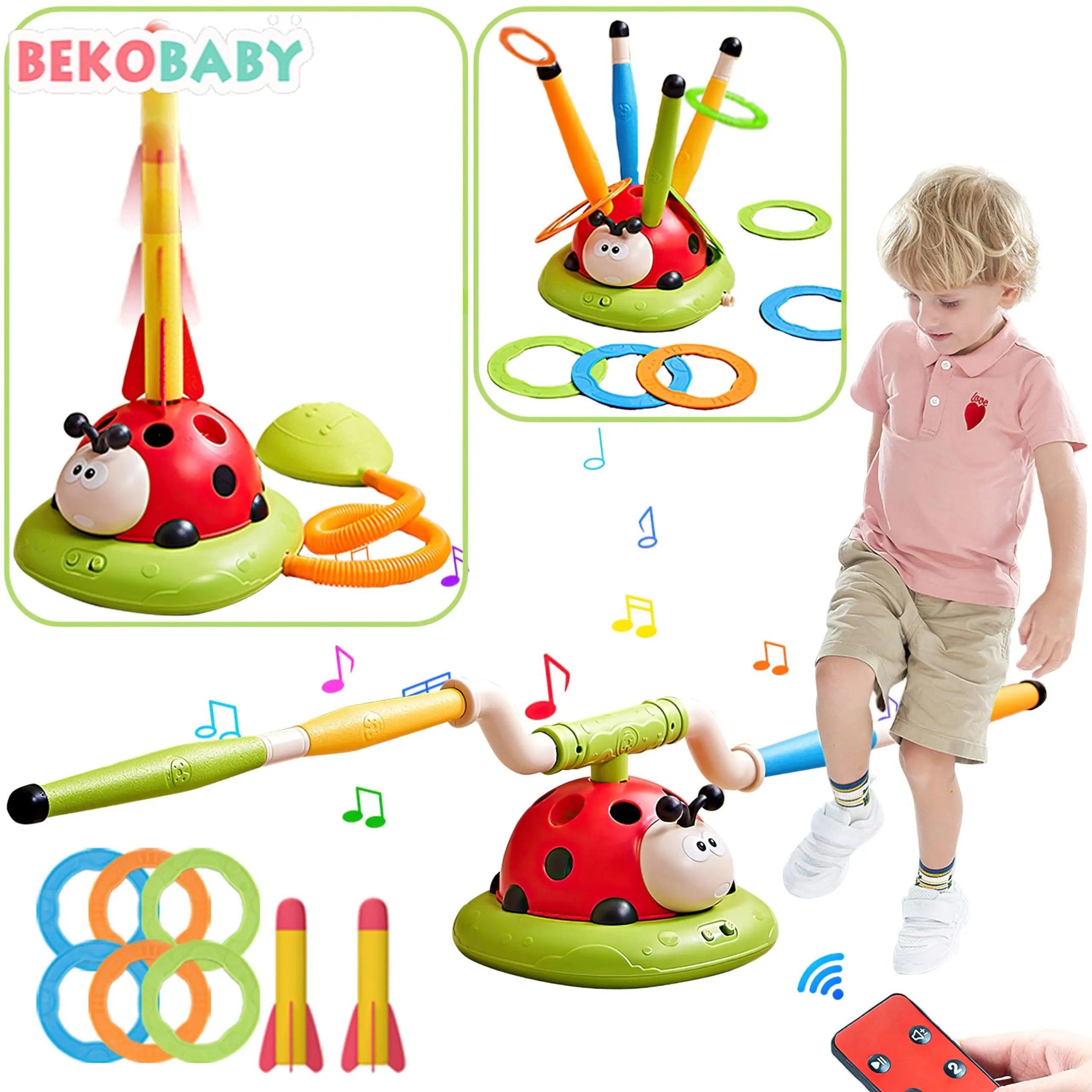 

3 в 1 музыкальный прыжок, бросающая кольцевая игра и набор ракетного пускового устройства для детских мероприятий на свежем воздухе с дистанционным управлением и несколькими способами