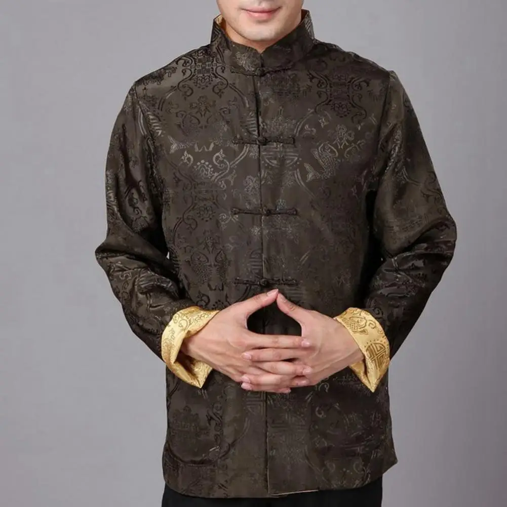 

Mid-aged Men Ethnic Style Shirt Retro Men Chinese Style Tang Tops Stand Collar Long Sleeve Disc Buckle Traditional Chinese Cloth