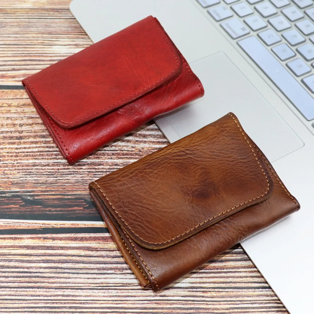 Vintage Genuine Cowhide Leather Compact Wallet - Handmade Unisex Card Holder & Coin Purse