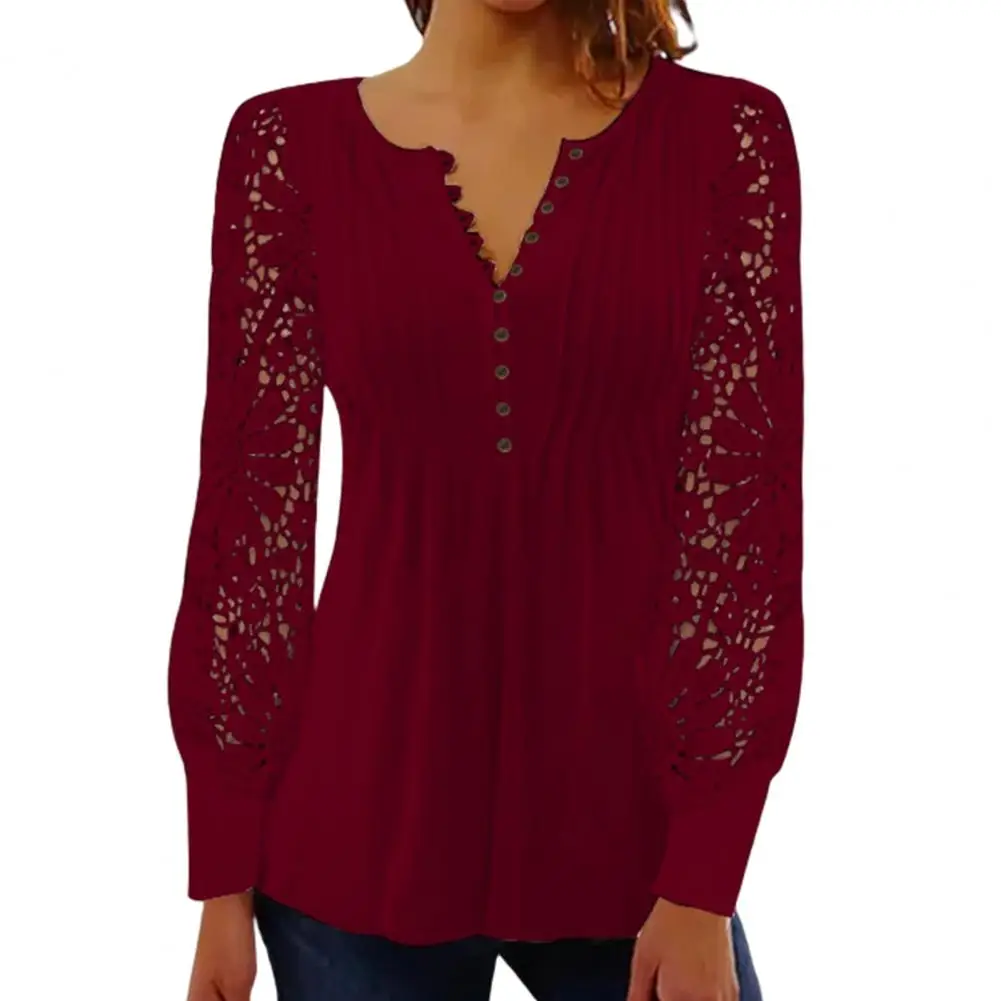 Flower Applique Women Spring Blouse Top Hollow Out Long Sleeves Lace Patchwork Women Shirts Top Vintage