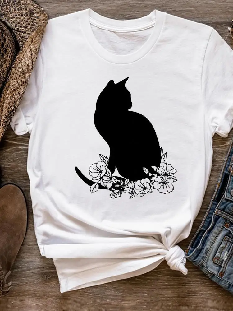 

Cat Flower Tee Basic Women Clothes Clothing Print T Shirt Short Sleeve Summer Top Fashion Floral Graphic T-shirt