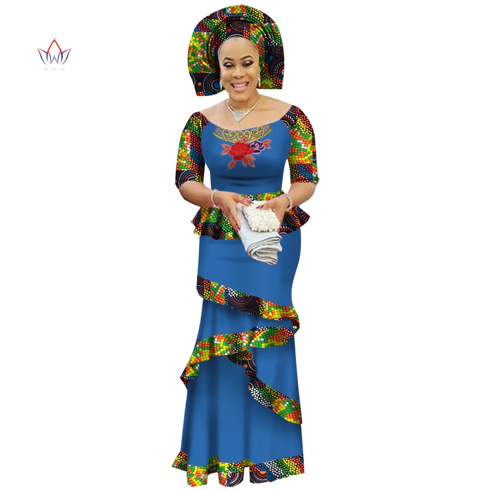 BRW Private African Dress Bazin Riche Women Dress Suit Half Sleeve Tops and Long Print Skirt Large Size M-6XL WY2412