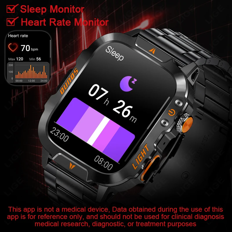 LIGE 1.96 inch HD Screen Smart Watch With LED Lighting IP68 Waterproof Outdoor Sports Health Monitor Smartwatch For Android IOS