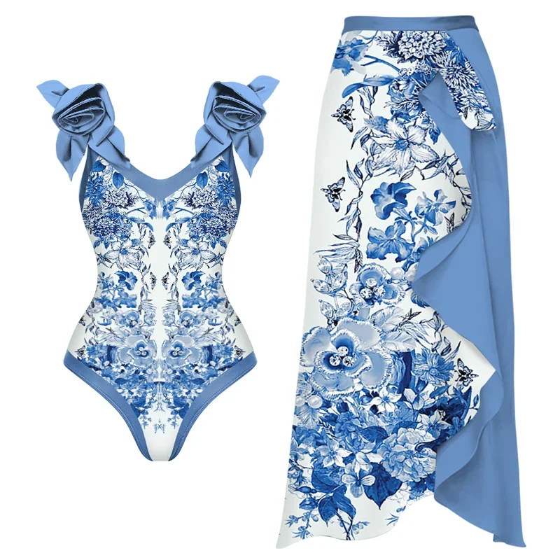 

Sexy 3D Flower Blue and White Porcelain Printed One Piece Swimsuit and Skirt Push Up Bathing Suit Monokini