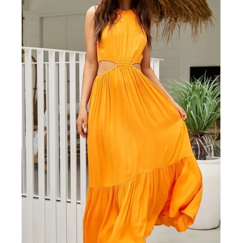 

Summer New Womens Dress Solid Color Hanging Neck Lace Up Open Back Sleeveless Splice Dress Fashion Leisure Resort Beach Vestido