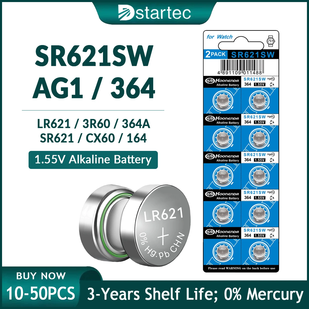 Koonenda LR621 AG1 1.55V Alkaline Button Battery, SR621SW 364 164 SR60 ...