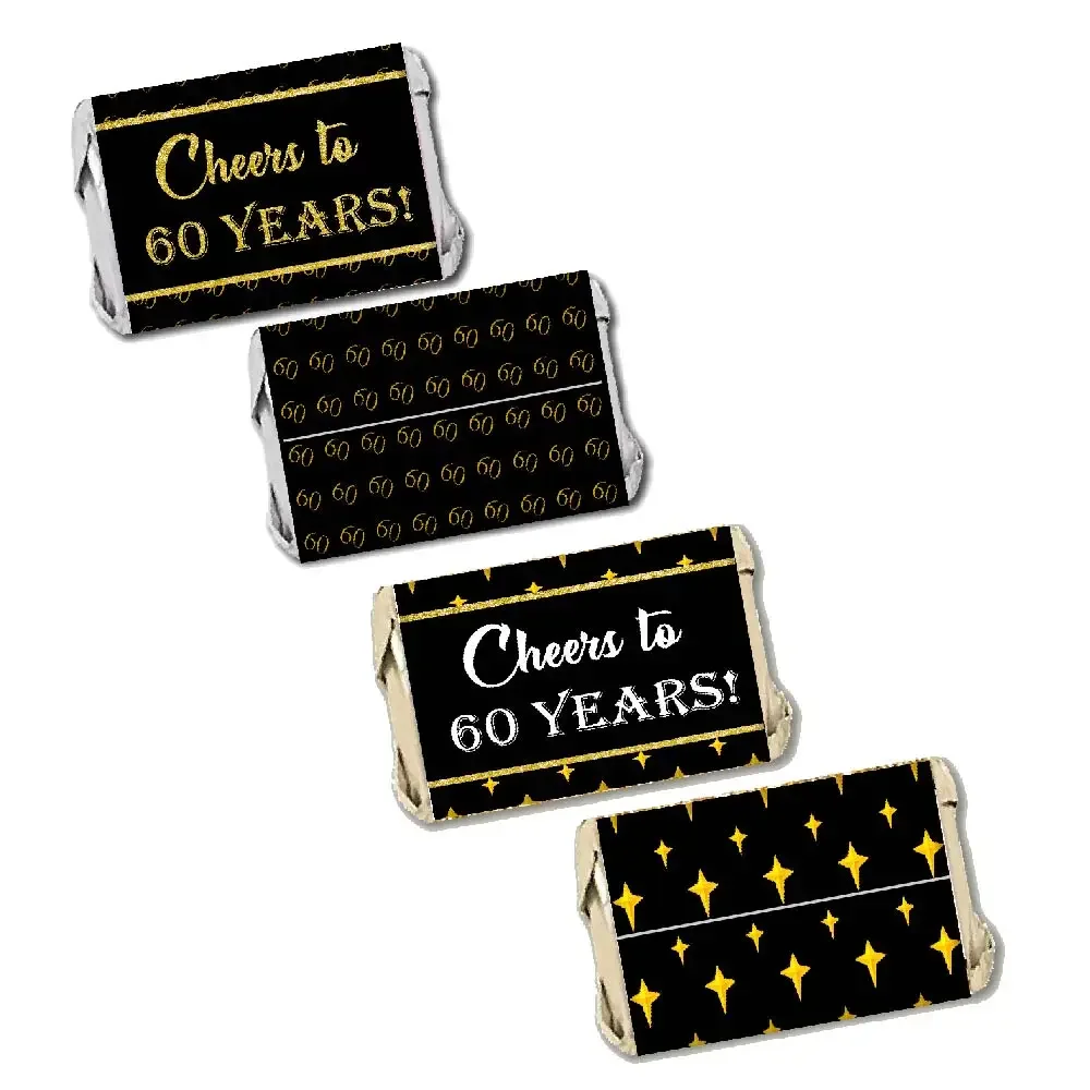 Oro Nero 60Th Birthday Mini Candy Bar Wrapper Kinder Bueno Hershey Chocolate Stickers Capri Sun Water Bottle Label Party Decor