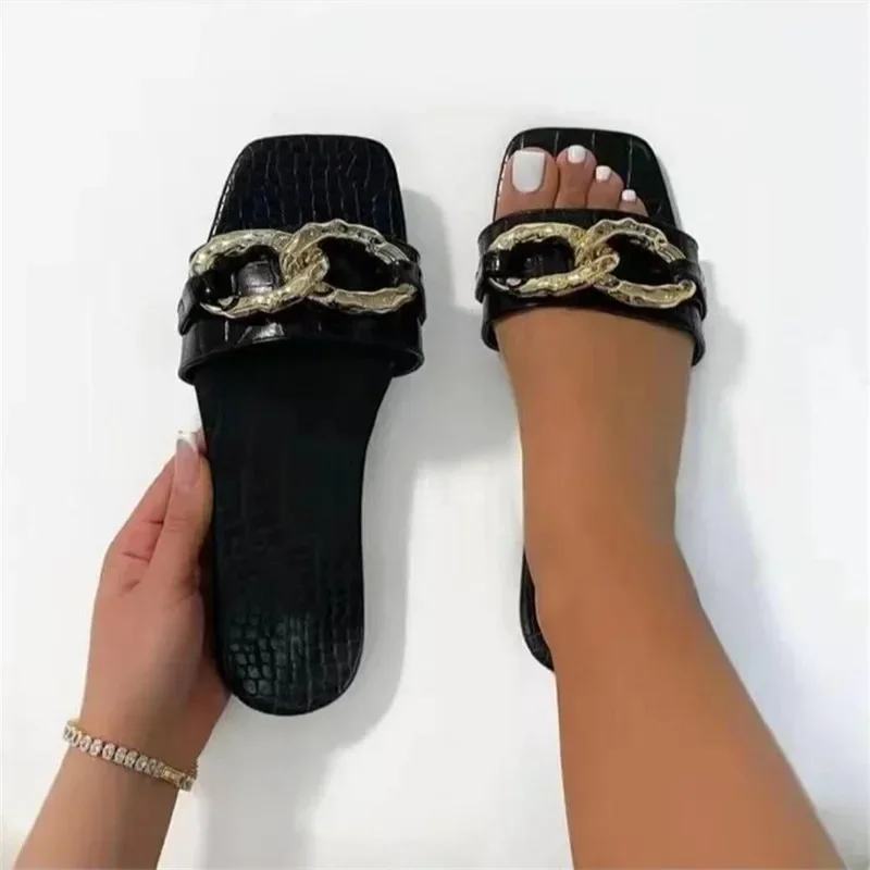Women Summer Slippers Fashion Metal Chain Flat Sandals Ladies Outdoor Beach Flip Flops Square Toe Slides Woman Large Size 43