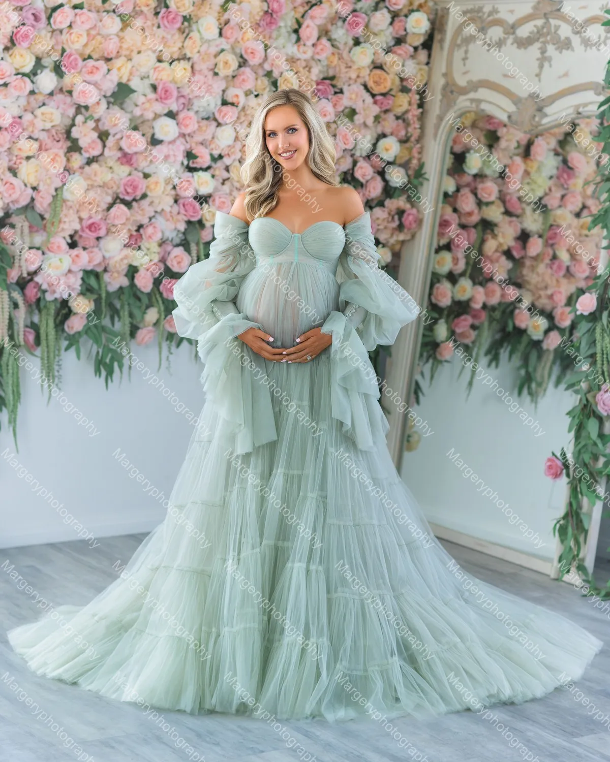 Off The Shouder Mesh Maternity Dress Pretty Sweetheart Tulle A Line Photo-shoot Dresses Puffy Full Sleeves Pregnant Women Gowns