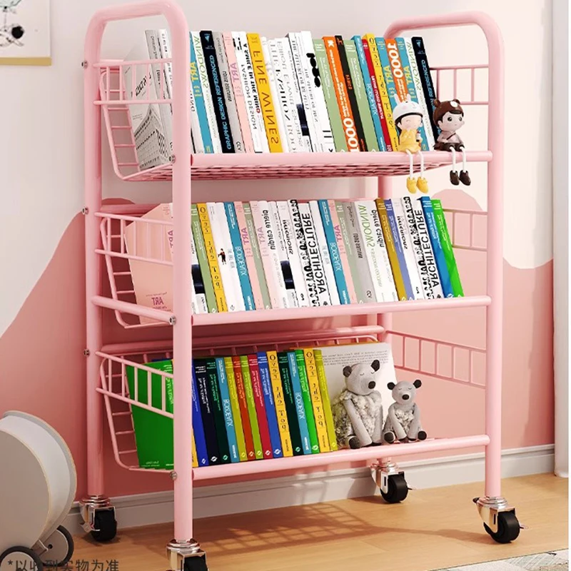 Movable Bookshelf Floor Shelf Picture Book Shelf Simple Children's Bookcase Iron Multi-layer Storage Rack Home Furniture WKBS