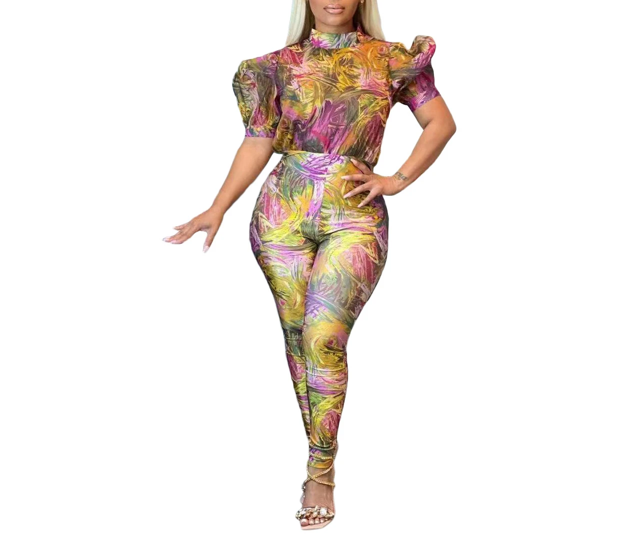 

Summer Women Puff Short Sleeve High Waist Tie Dye Bodycon Jumpsuit Sexy Party One Piece Overall Romper Playsuits 2022