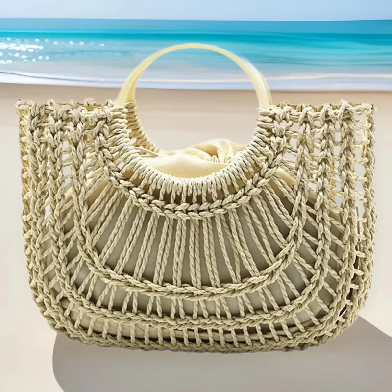 Handwoven Straw Rattan Half-Moon Beach Handbag Large Capacity Women Hollow Out Crossbody Shoulder Bag Half-Round Shoulder Bag