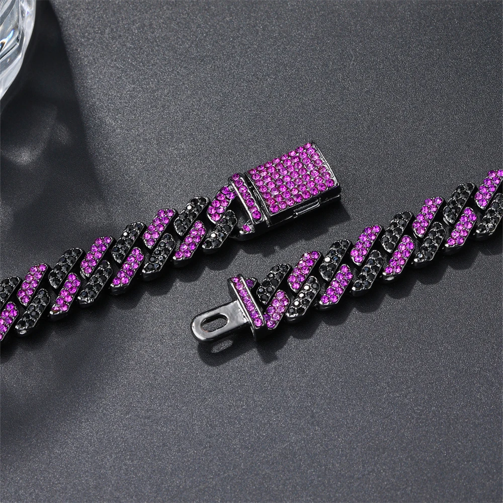 【BLACKPURPLE】Heart Crystal Cuban Chain Bracelet Man Hip Pop Purple Rhombus Prong Cuban Link Chain Necklace