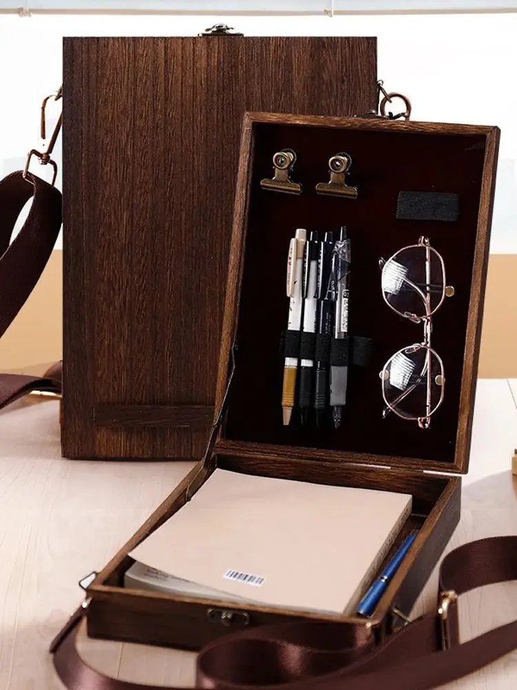 Retro Nostalgische Schriftsteller Holz Box Taschen frauen Holz Messenger Taschen Outdoor Skizze Taschen Werkzeug Lagerung mit Deckel Souvenir Box Taschen – Detail 1