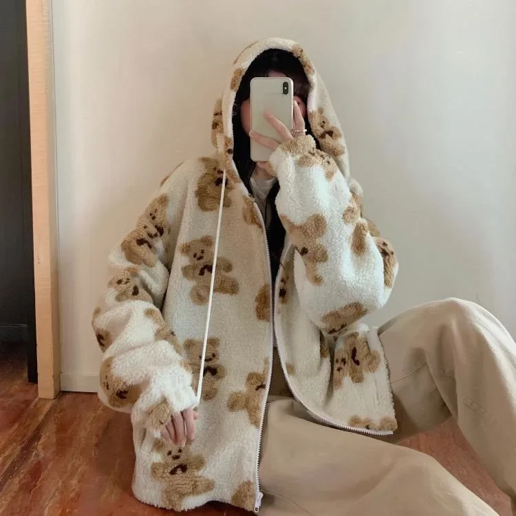 Women Winter Harajuku Bear Teddy Print Plush Jacket 2022 Female Korean Fluffy Hooded Coat Thick Warm Couple Streetwear Outerwear