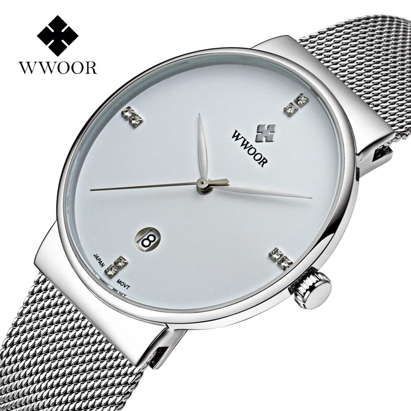 WWOOR Luxury Watch For Men Simple Diamond Design Ultra Thin Waterproof Calendar Mesh Belt Quartz Fashion Watch Male Montre Homme