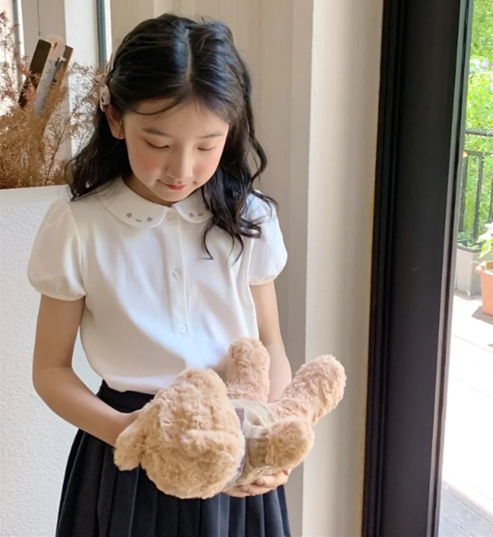 소녀 옷 어린이 옷 여름 소녀 셔츠 사랑스러운 꽃 자수 피터팬 칼라 흰색 셔츠 탑