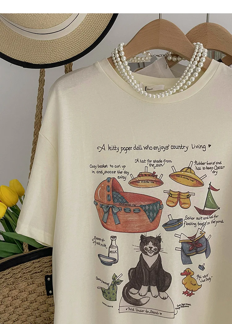 

2022 Kitten Paper Doll Printed Women Summer Casual T shirts White Cotton Loose Short Sleeve Tops Female Basic Tees