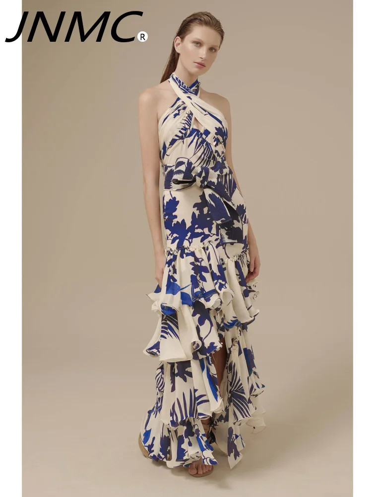 

JNMC 2024 Women's Elegant Printed Multi-layer Women's Halter Sleeveless High Waist Off Shoulder Hollow Long Casual Halter Dress