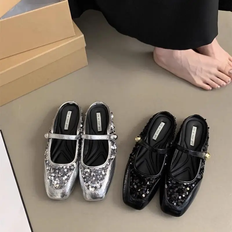 

French Sequined Silver Bag Head Half Slippers Women's Shoes 2024 New Spring and Summer Temperament Mary Jane Flat Shoes