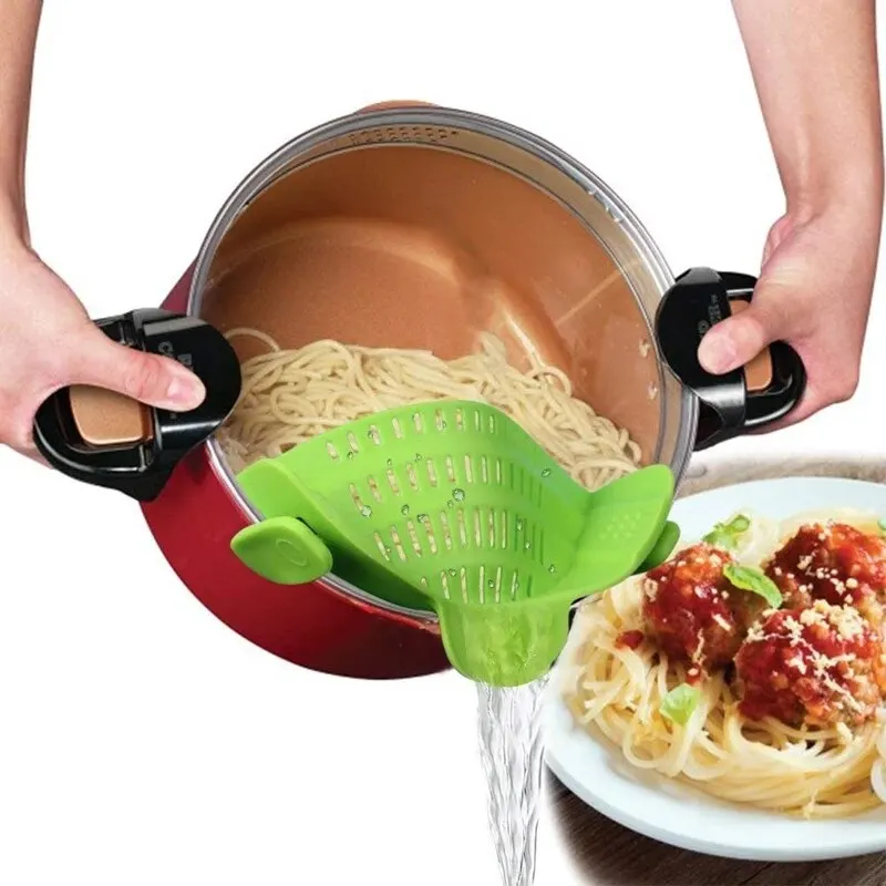 Colino universale in silicone con clip per padella, colino antigoccia per noodle, colino per frutta di qualità alimentare per noodle, frutta e verdura