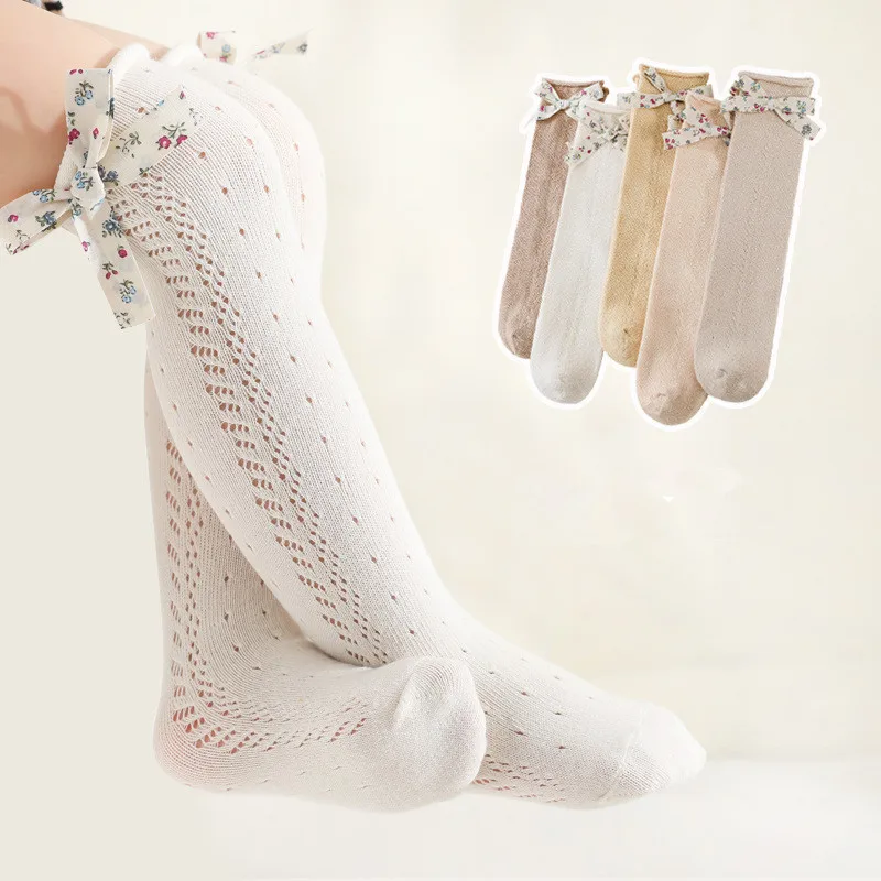 New Baby Girls Socks Summer Kids Long Floral Bow Sock Knee High Mesh
