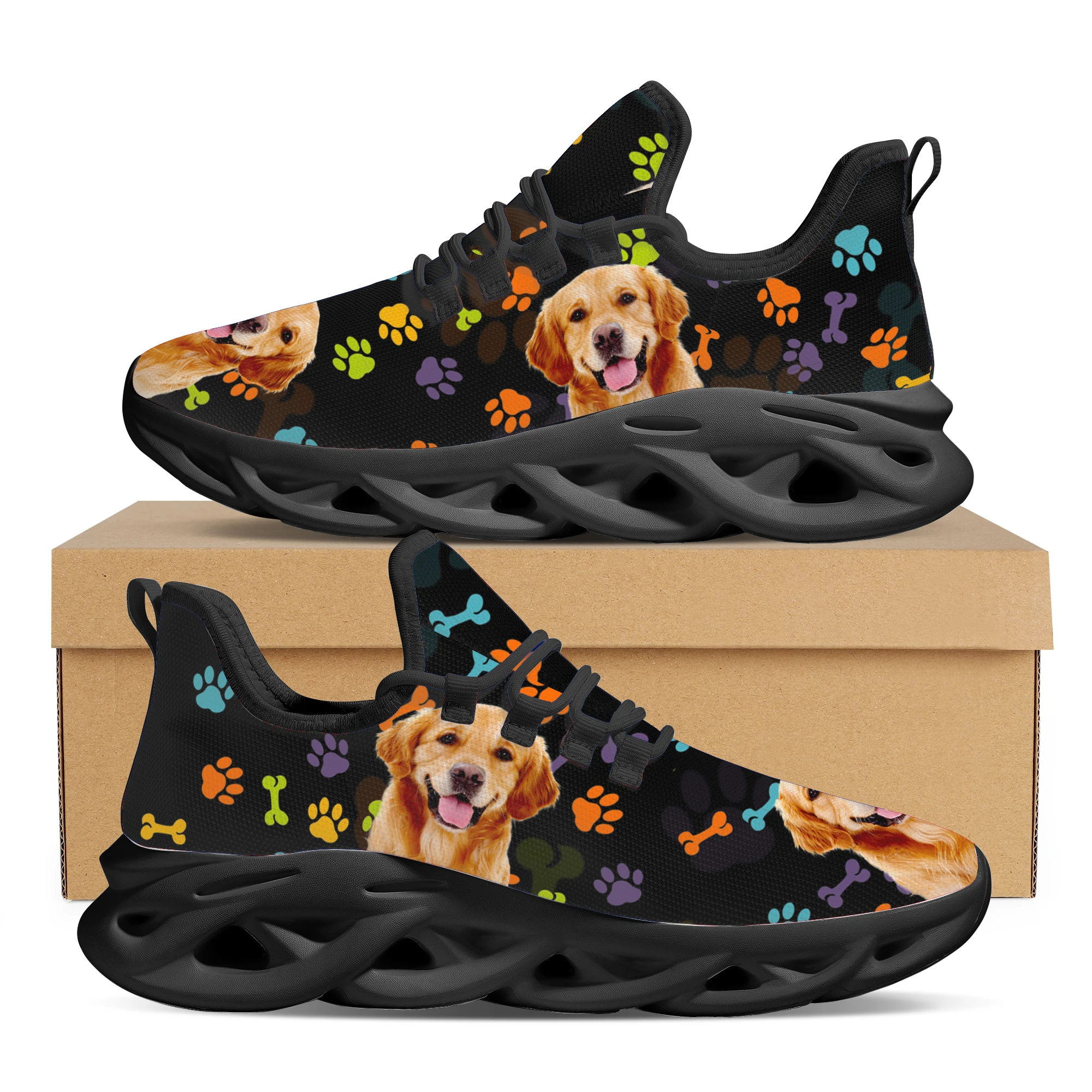 INSTANTARTS Rainbow Dog Paw Print Platform Lightweight Lace-up Shoes Lovely Golden Retriever Pattern Breathable Mesh Sneakers