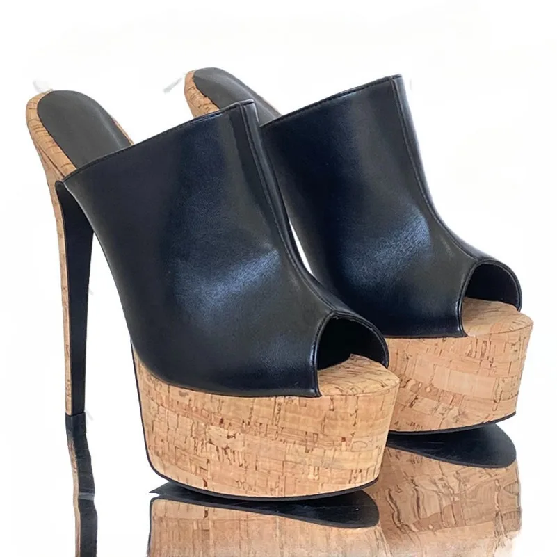 

2024 Handmade Women Platform Mules Sandals Cork Ultra High Heels Peep Toe Classics Black Casual Shoes Ladies US Plus Size 5-20