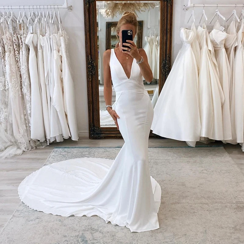 

UZN Formal Mermaid Wedding Dresses White Double V-Neck Bridal Gowns Boho Beach Sweep Train Evening Wedding Gowns Custom Size