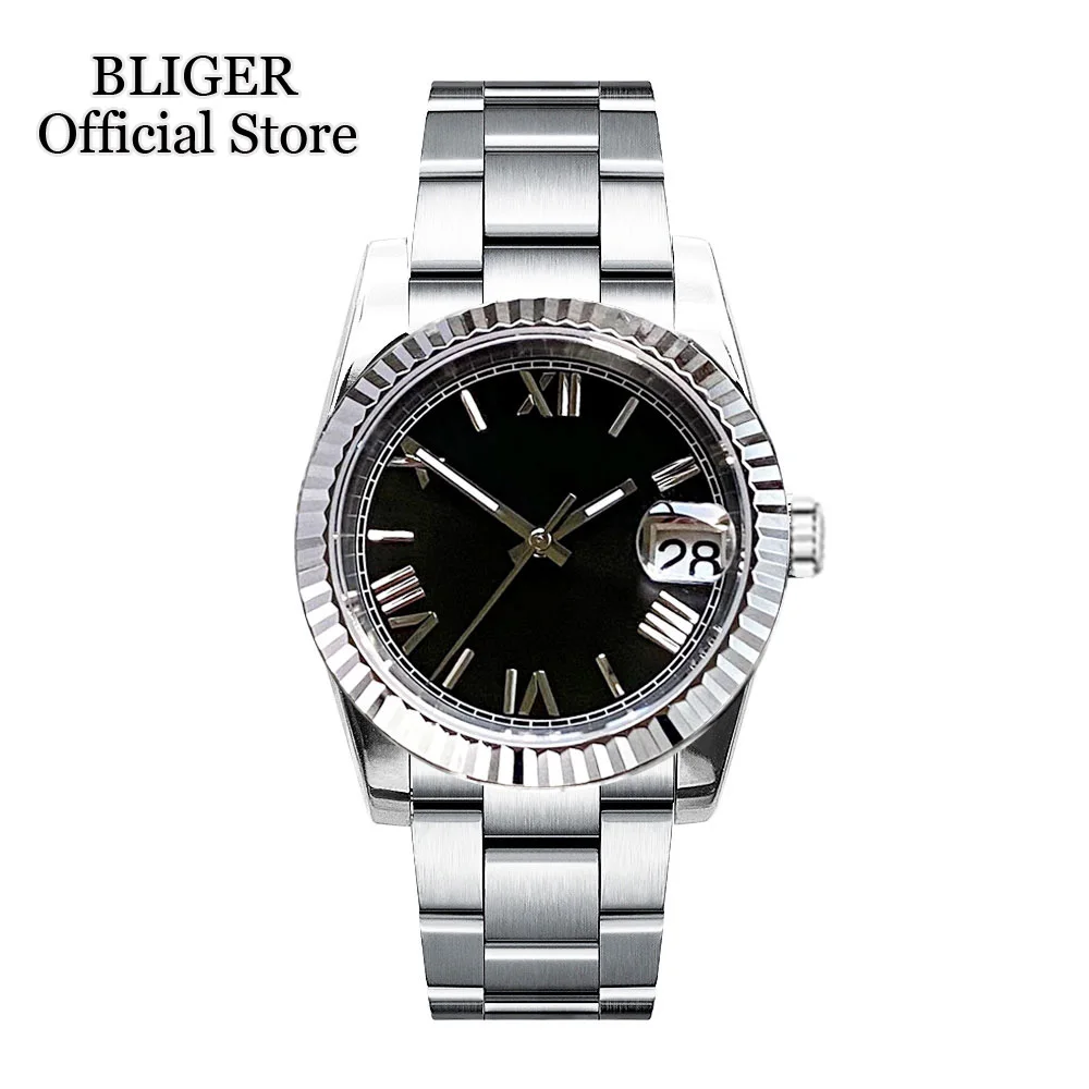 

BLIGER Sterile 36mm NH35A Black Dial Roman Numerals Men Watch Sapphire Crystal Fluted Bezel Automatic Wristwatch Steel Strap