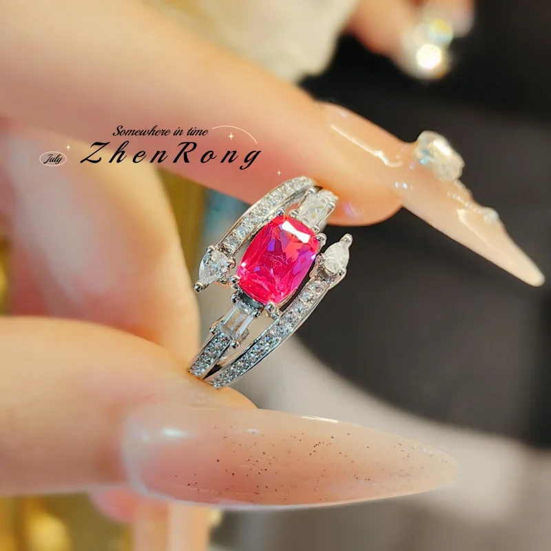 Luxurious Blood Red Corundum Ring - Elegant Simulated Diamond Jewelry