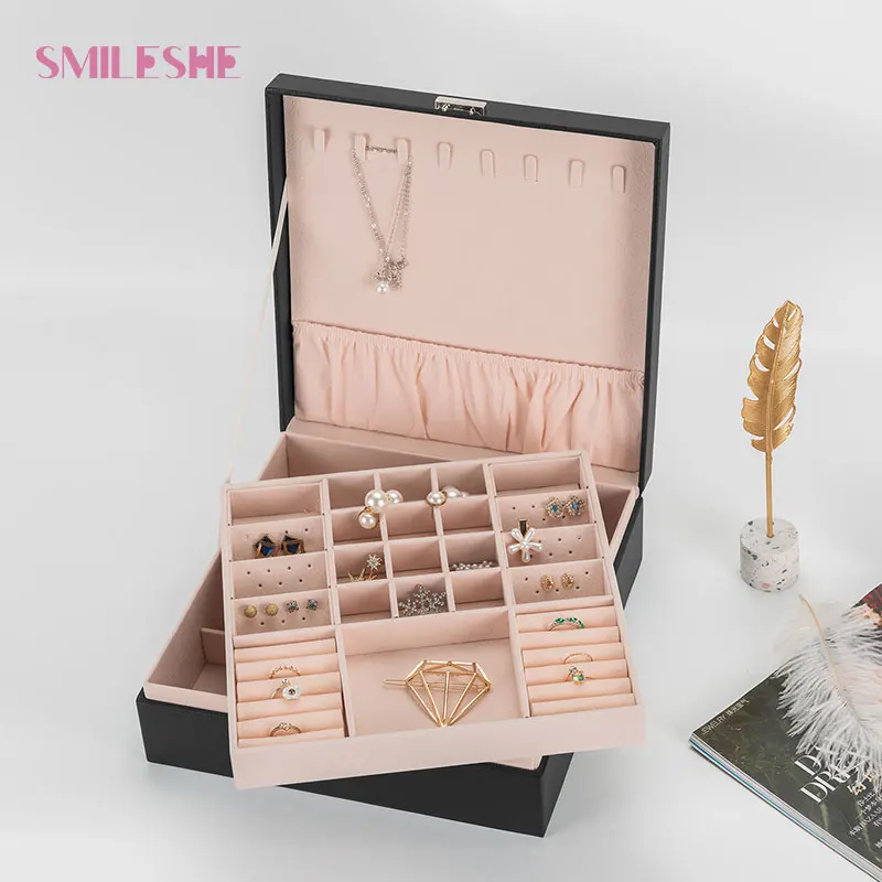 

Smileshe Jewelry Organizer Double Layer Storage Box Necklace Earrings Rings Bracelets Watch Display Holder for Women With Lock