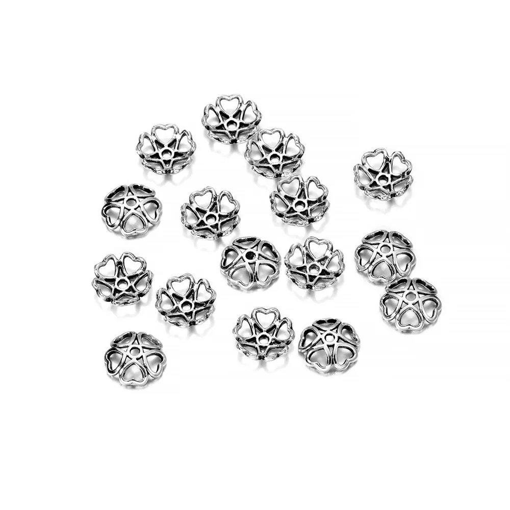 

50pcs 10mm Antique 5 petal Hollow out Hear Flower Bead End Caps Receptacle Flower Torus Diy Spaced Apart Jewelry Findings