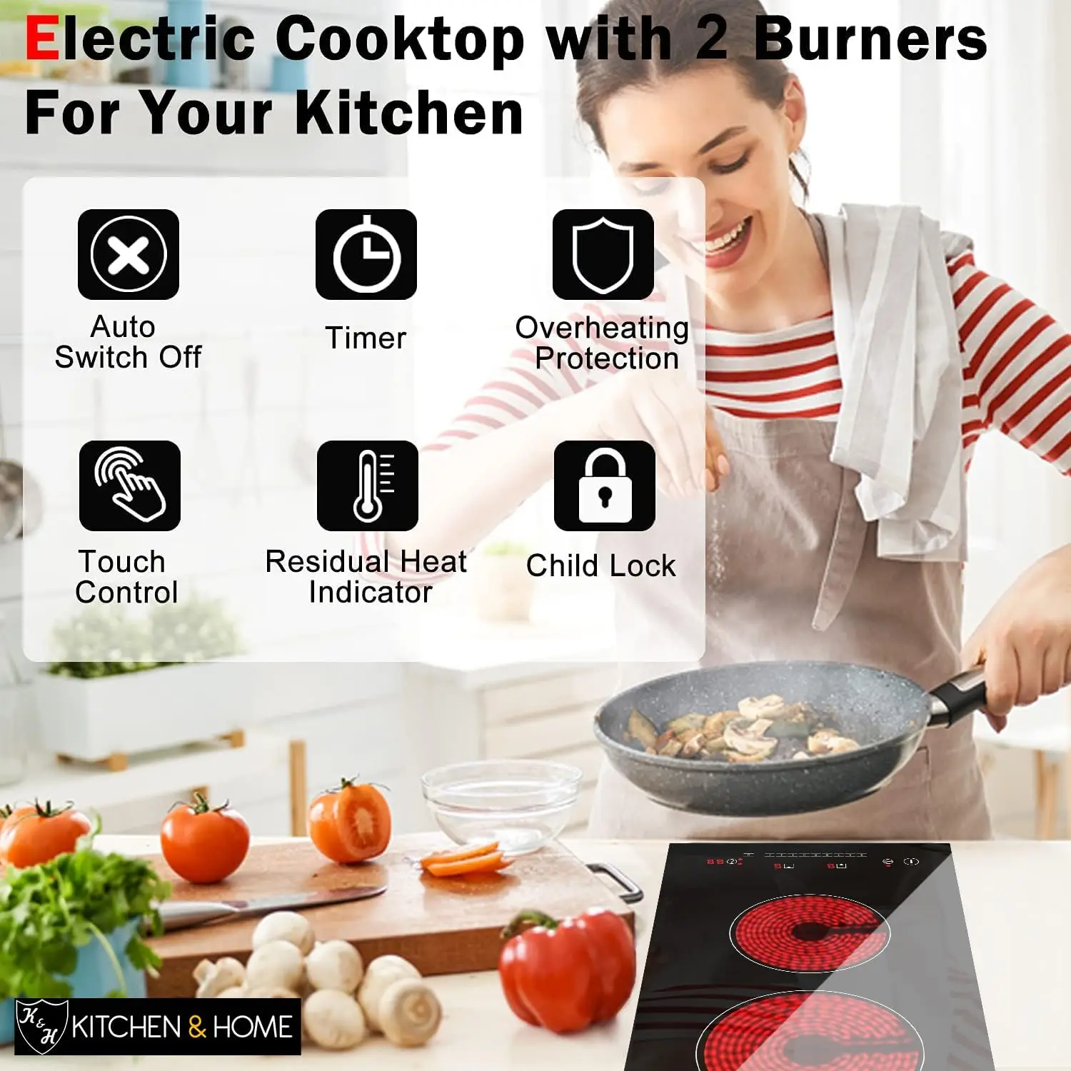2 Two Burner Dual 12 Inch Built-in Electric Stove Top Radiant Ceramic Cooktop Sensor Touch Control 240V 3000W