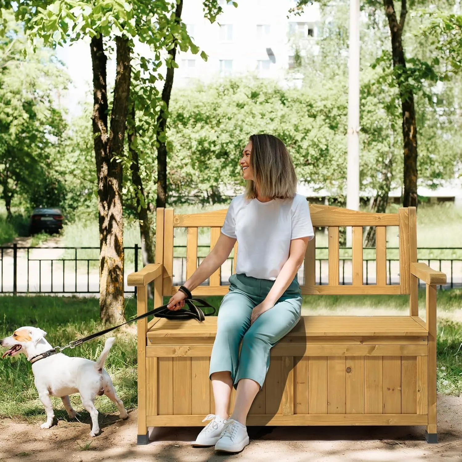 Outdoor Wood Storage Bench with Seating & Armrest 2