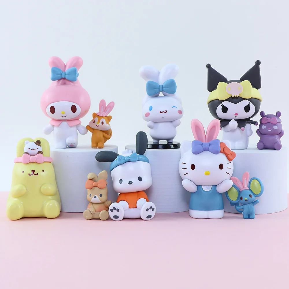 

My Melody Family Sanrio, мультяшная модель, милые игрушки, украшение, 6 шт. куклы Kuromi Cinnamoroll Hello Kitty, подарки для детей