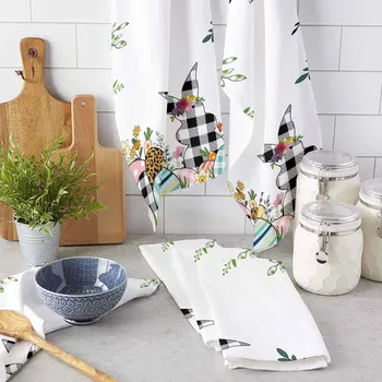 부활절 달걀 토끼 격자 무늬 꽃 극세사 수건, 흡수성 주방 청소 천, 접시 수건, 가정용 청소 수건