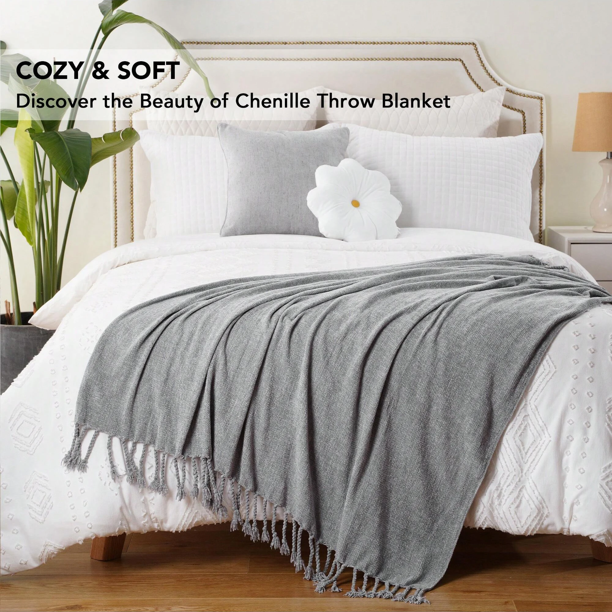 Battilo Chenille Throw Blanket With Fringe Tassels Decorative Lightweight Sofa Blanket Soft Cozy Knit Throws for Spring Decor