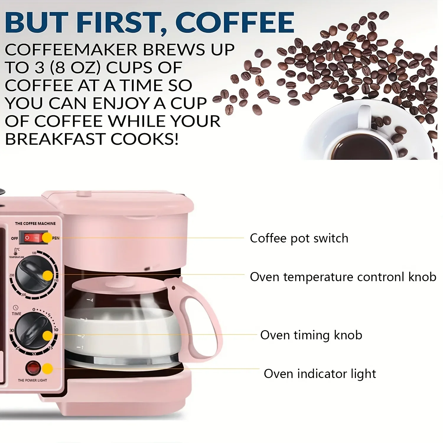 3-in-1 Breakfast Maker Home Mini Electric Oven Bread Maker,600ml Drip Coffee Machine,Non Stick Pan Fry Pan,Can Fry Grill Steak 5
