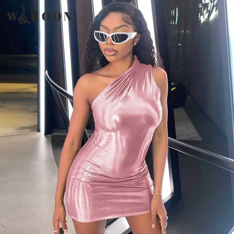 

Bright Color Pu Leather One Shoulder Sleeveless Draped Mini Dress Summer Women Sexy Party Club Streetwear Birthday Bodycon Dress