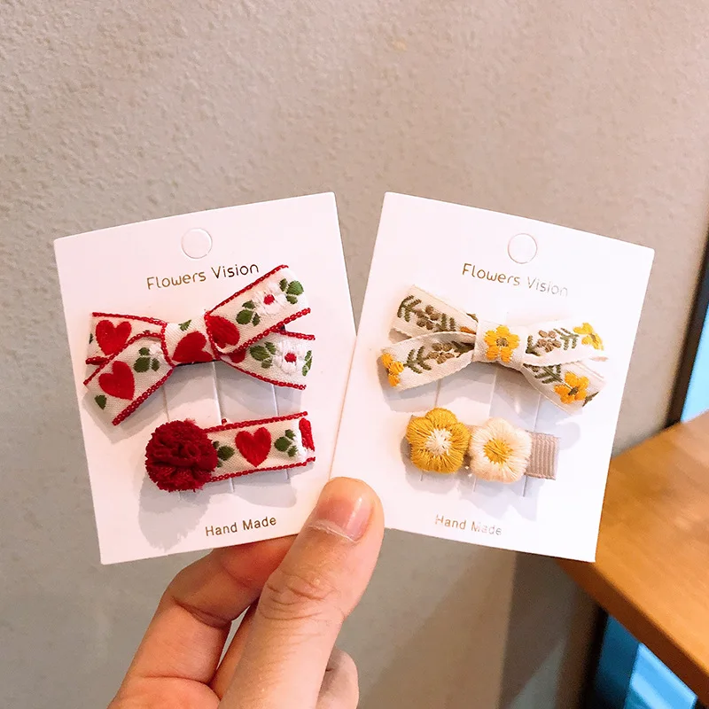 New 2pcs Gilrs Cute Bow Flower Hair Clips Lace Plaid Kint Hairpins for Baby Girls Korean Style Kid Hair Accessories