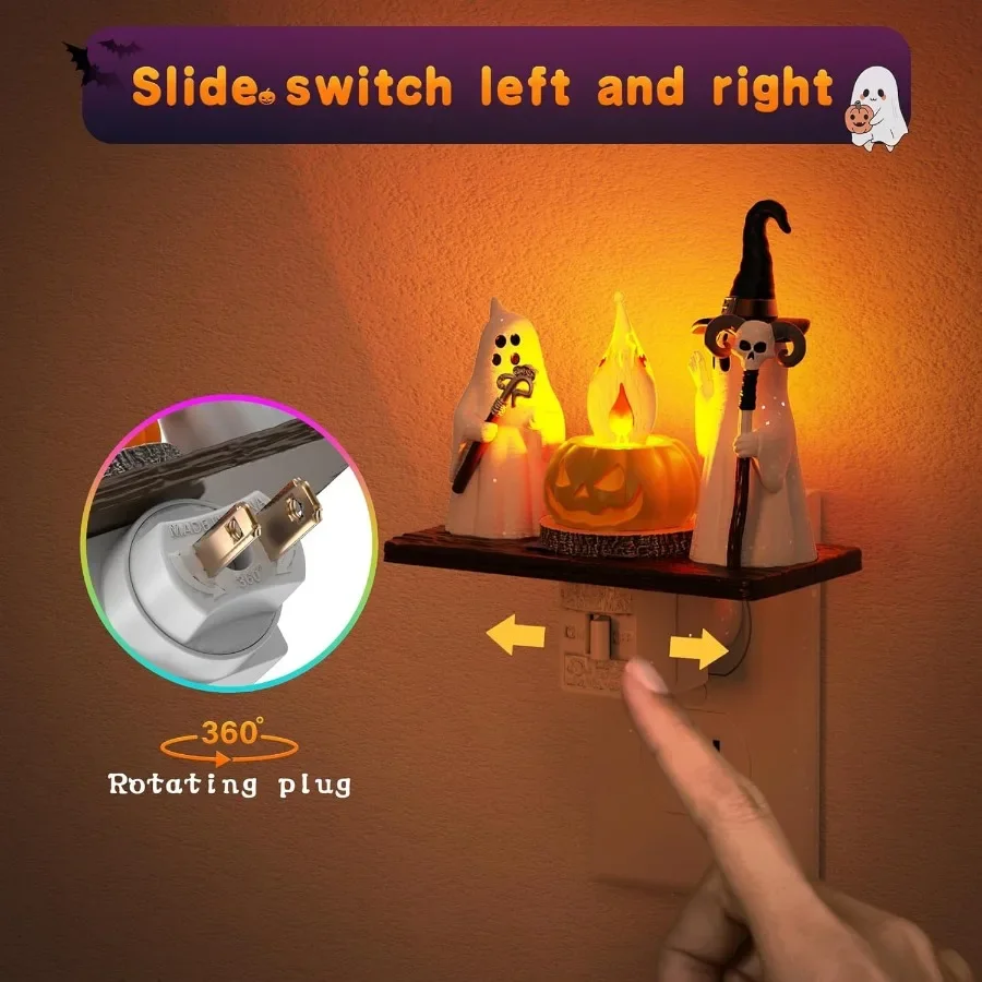 Halloween Night Light Amber Plugin Wall Light with 360 Rotatable Design Cute and Funny Flaming Jumping Ghost and Pumpkin Decora