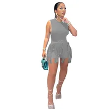  Echoine 2022 New Design Sleeless Bosysuit and Tassel shorts Set Two Piece Set Fringe Shorts Suit Summer Spring Matching Set 