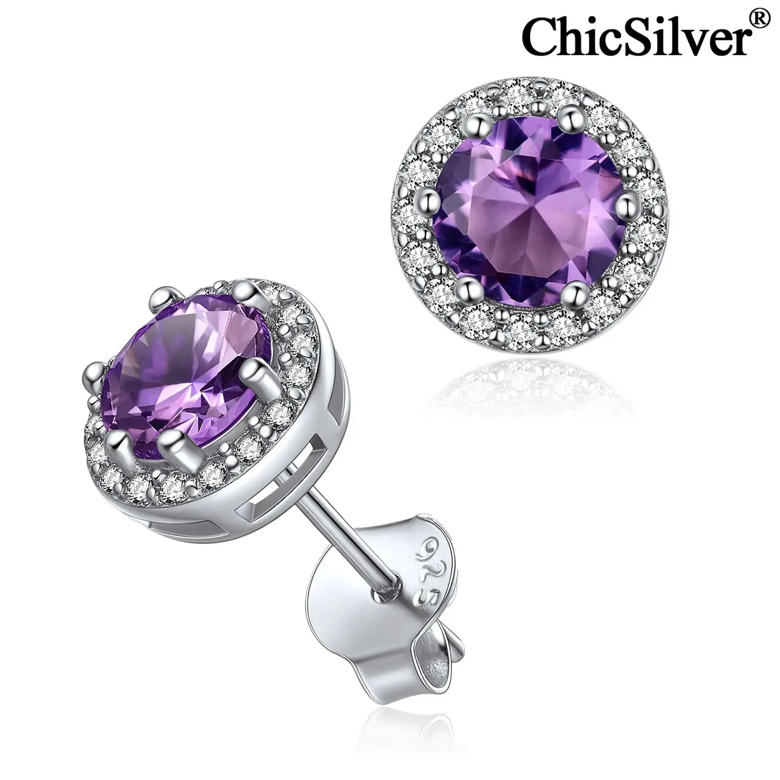

Halo Cubic Zirconia 7mm Round Birthstones Stud Earrings for Women 925 Sterling Silver Crystal Birthday Jewelry Gift