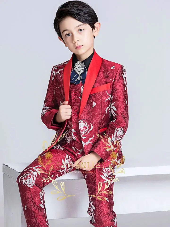 Luxury Royal Blue Floral Jacquard Boy Suits for Wedding 3 Piece Slim Fit Party Tuxedo Kid Fashion Costume Jacket Vest Pants Set