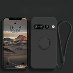 Magnetic Liquid Silicone Car Mount Phone Case with Ring Stand and Wrist Strap for Pixel 8A (Black)