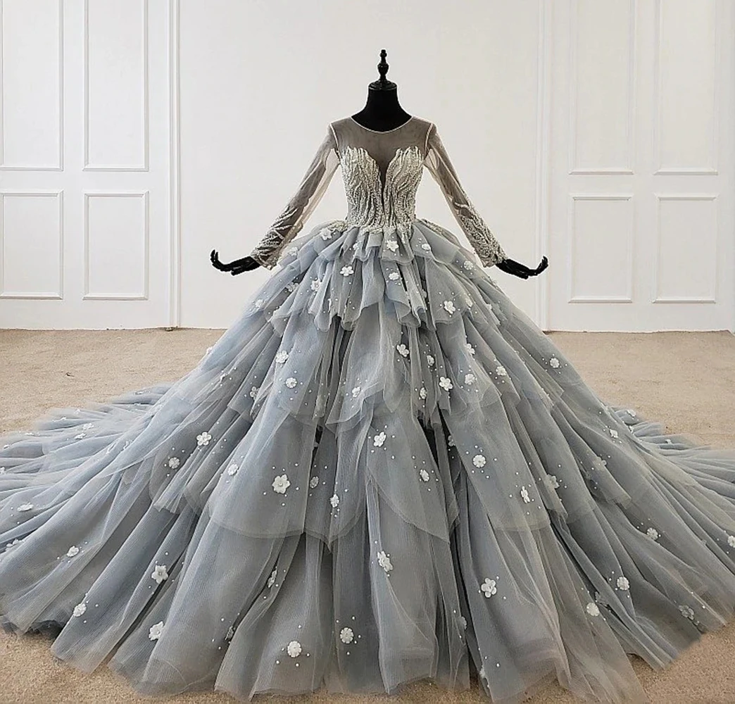 

2022 великолепные многоярусные фатиновые свадебные бальные платья с бусинами, длинными рукавами, круглым вырезом, платья для Quinceanera с цветами