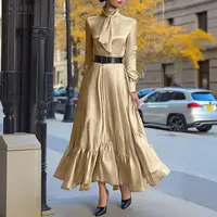 ZANZEA Elegant Women Satin Silk Party Maxi Dress Tie Neck Long Sleeve Ruffled Hem Long Dress Evening Cocktail Glossy Robes Femme 5