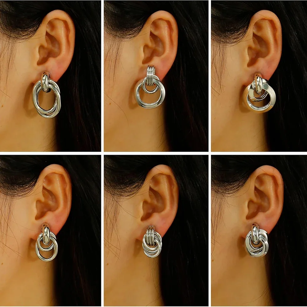 6pair/set 18K Gold Plated Knot Earrings Multilayer Geometric Stianless Steel Statement Earring Set Femal Party Gift Chic Jewelry