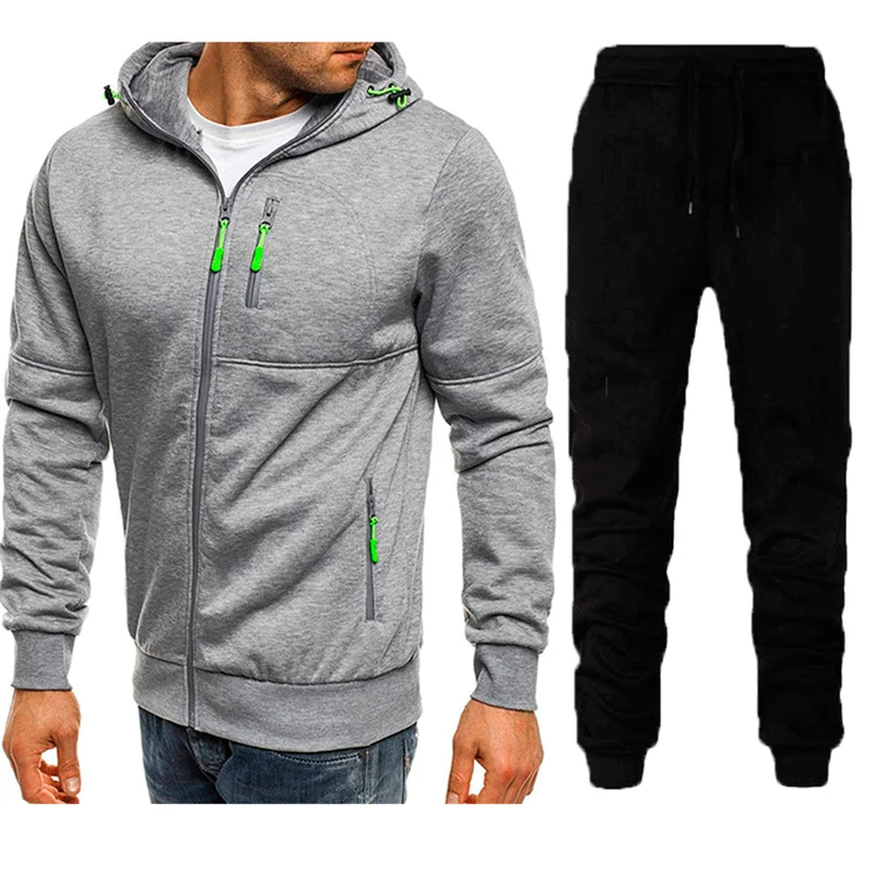 Casual Sports Style Two Piece Sets Men's Warm Cotton Hooded Outerwear Inside Pocket Drawstring Trousers Autumn Winter Male Suits